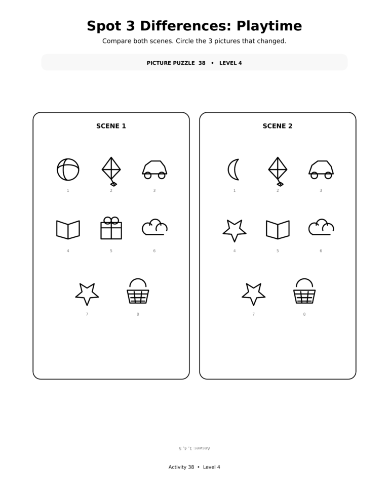 Spot 3 Differences Playtime, a printable Ramadan picture puzzle worksheet for kids.