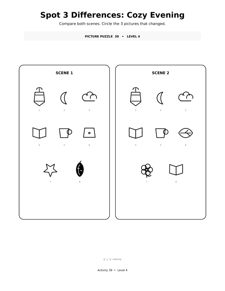 Spot 3 Differences Cozy Evening, a printable Ramadan picture puzzle worksheet for kids.