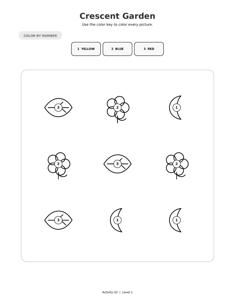 Crescent Garden, a printable Ramadan color-by-number worksheet for kids.