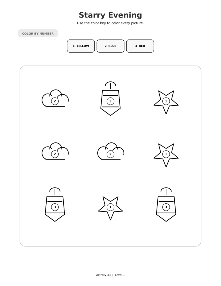 Starry Evening, a printable Ramadan color-by-number worksheet for kids.