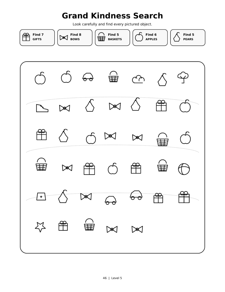 Grand Kindness Search, a printable Ramadan search-and-find activity sheet for kids.