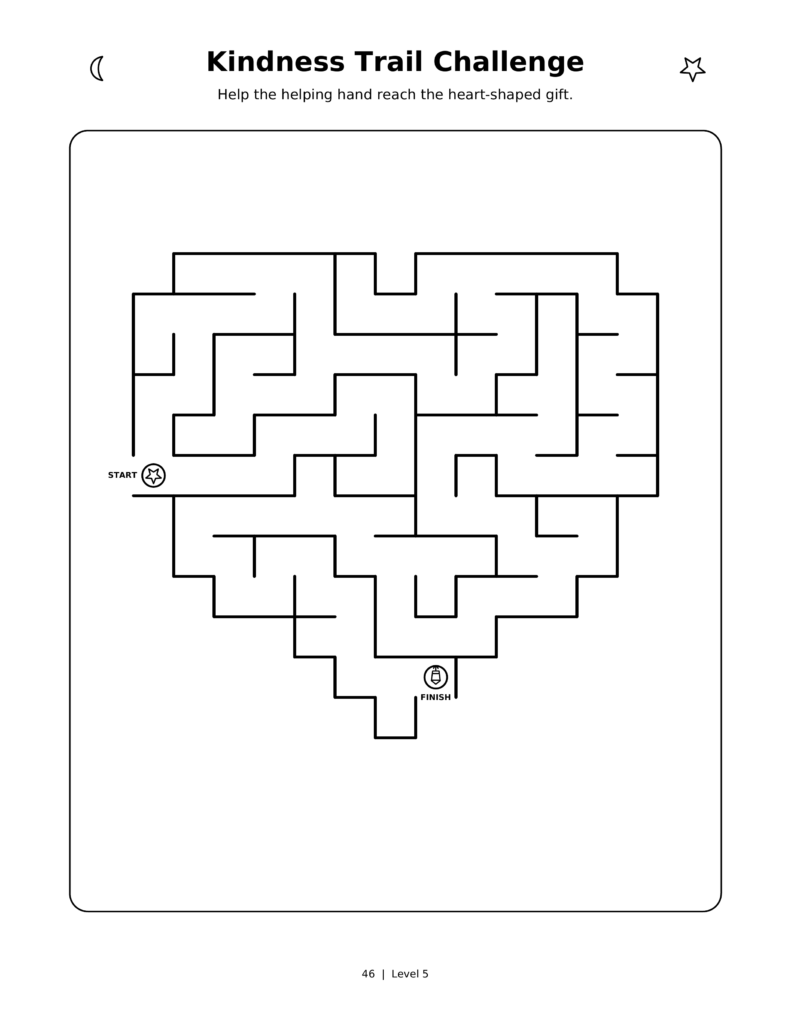 Kindness Trail Challenge, a printable Ramadan maze worksheet for kids.