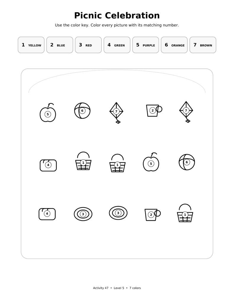 Picnic Celebration, a printable Ramadan color-by-number worksheet for kids.