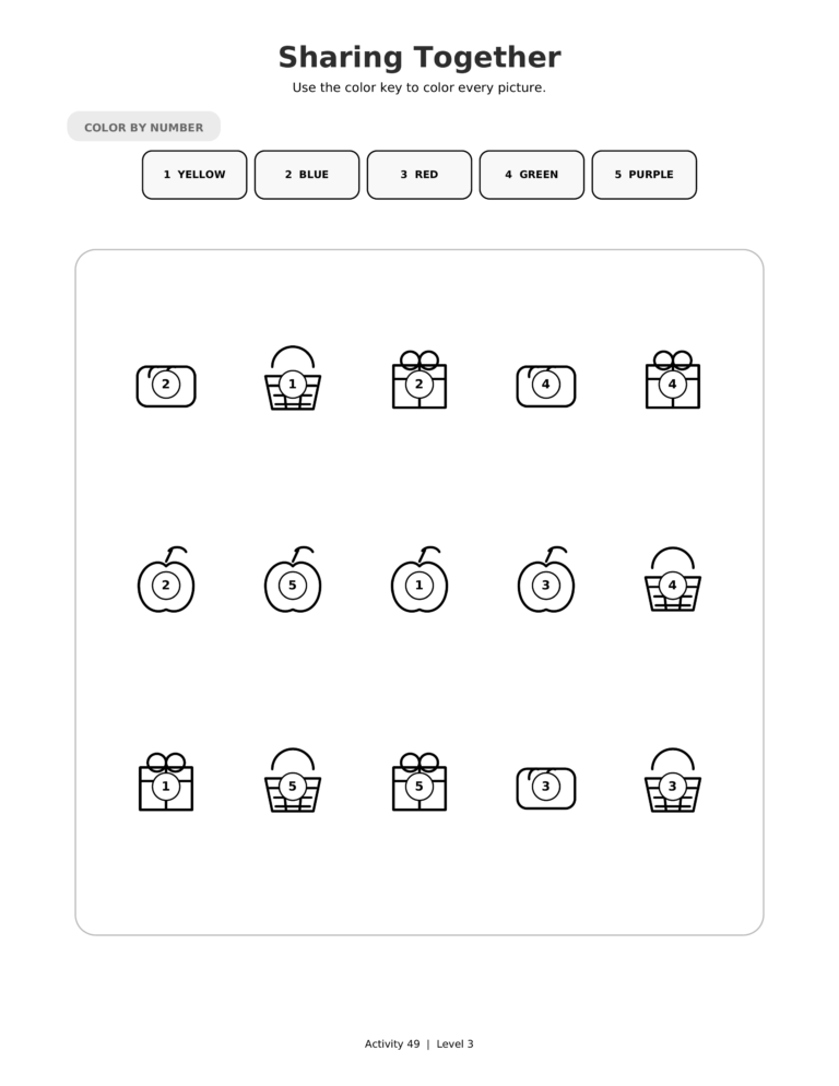Sharing Together, a printable Ramadan color-by-number worksheet for kids.