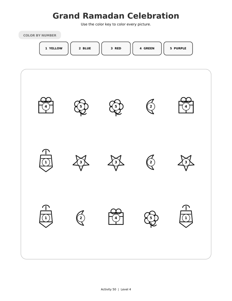 Grand Ramadan Celebration, a printable Ramadan color-by-number worksheet for kids.