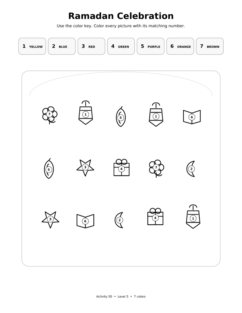 Ramadan Celebration, a printable Ramadan color-by-number worksheet for kids.
