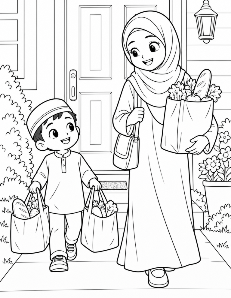 Black-and-white coloring page showing helping carry the groceries, focused on kindness and good manners for kids.