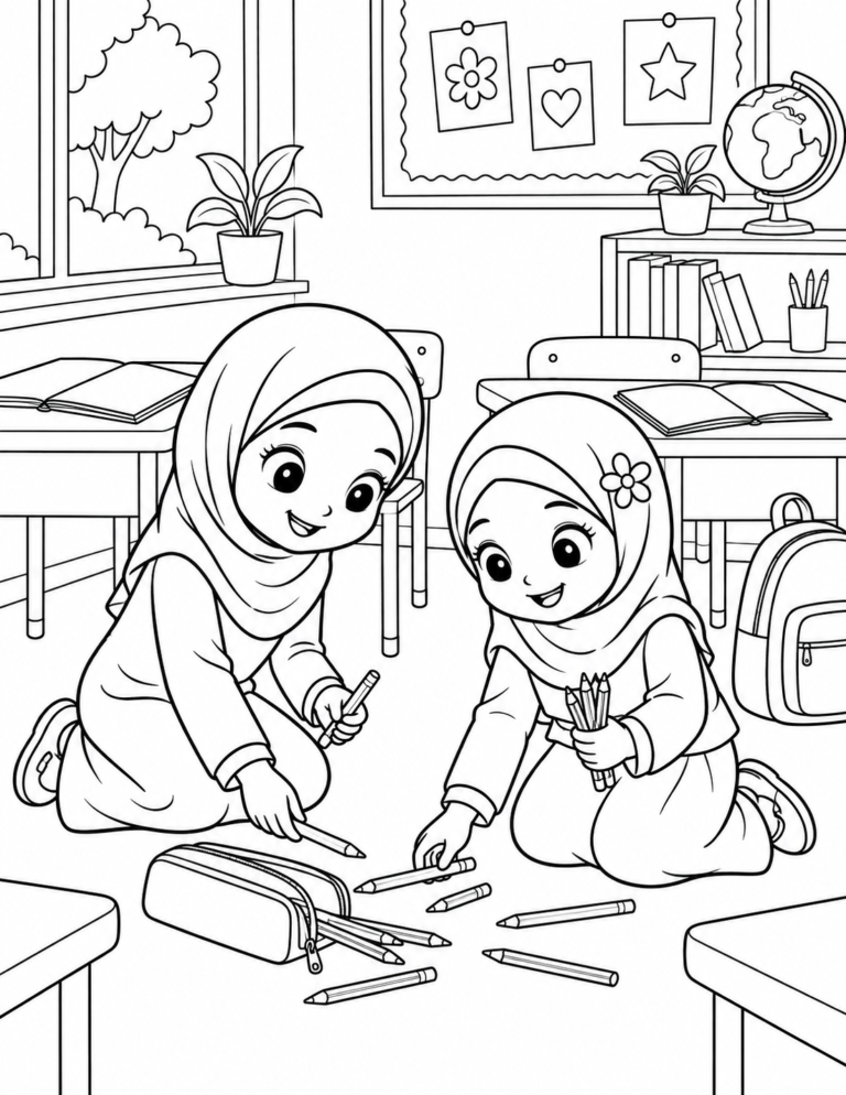 Black-and-white coloring page showing helping a classmate, focused on kindness and good manners for kids.