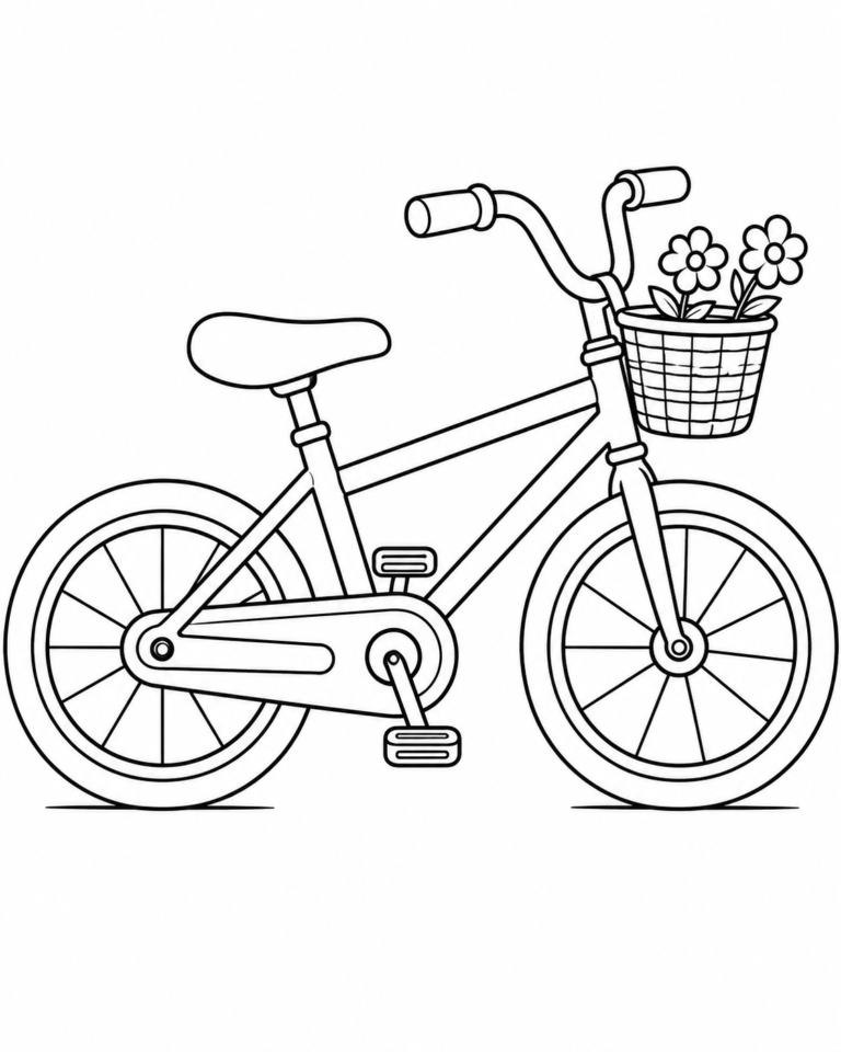 Black-and-white coloring page showing bicycle with a flower basket for children.
