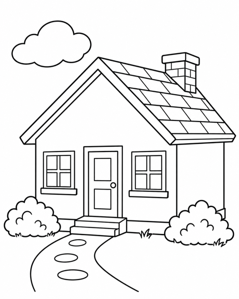 Black-and-white coloring page showing family house with a path and cloud for children.