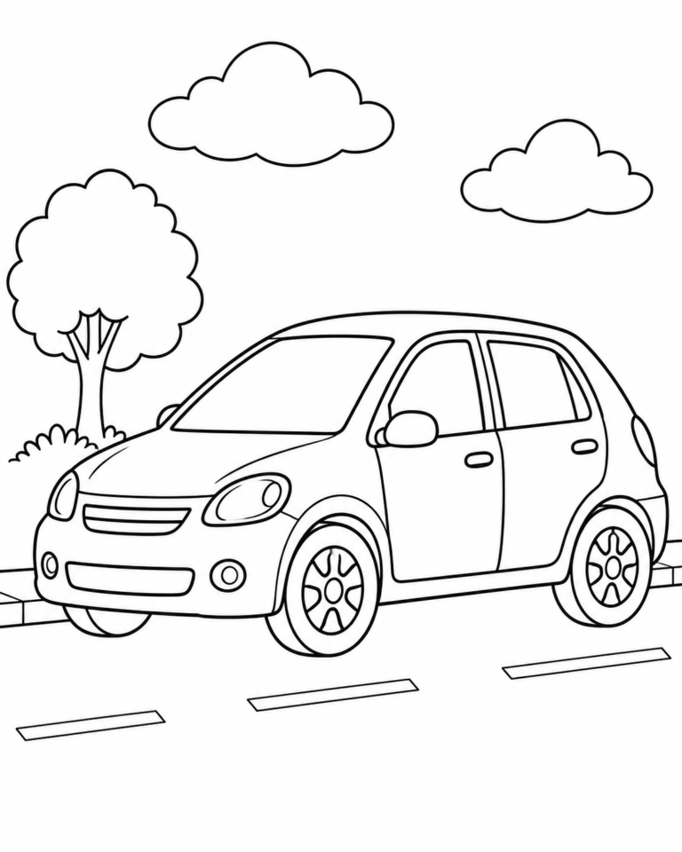 Black-and-white coloring page showing sayyara car for children.