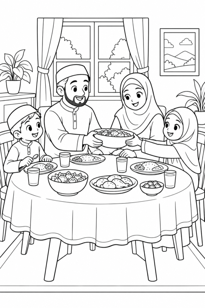 Black-and-white coloring page showing sharing a family meal, focused on kindness and good manners for kids.
