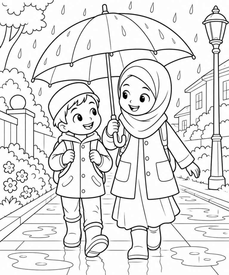 Black-and-white coloring page showing sharing an umbrella in the rain, focused on kindness and good manners for kids.