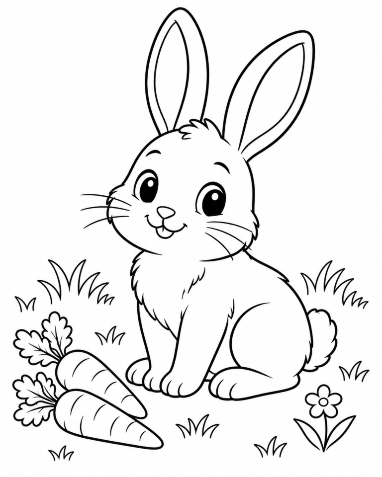 Black-and-white coloring page showing cute rabbit with carrots in a meadow for children.