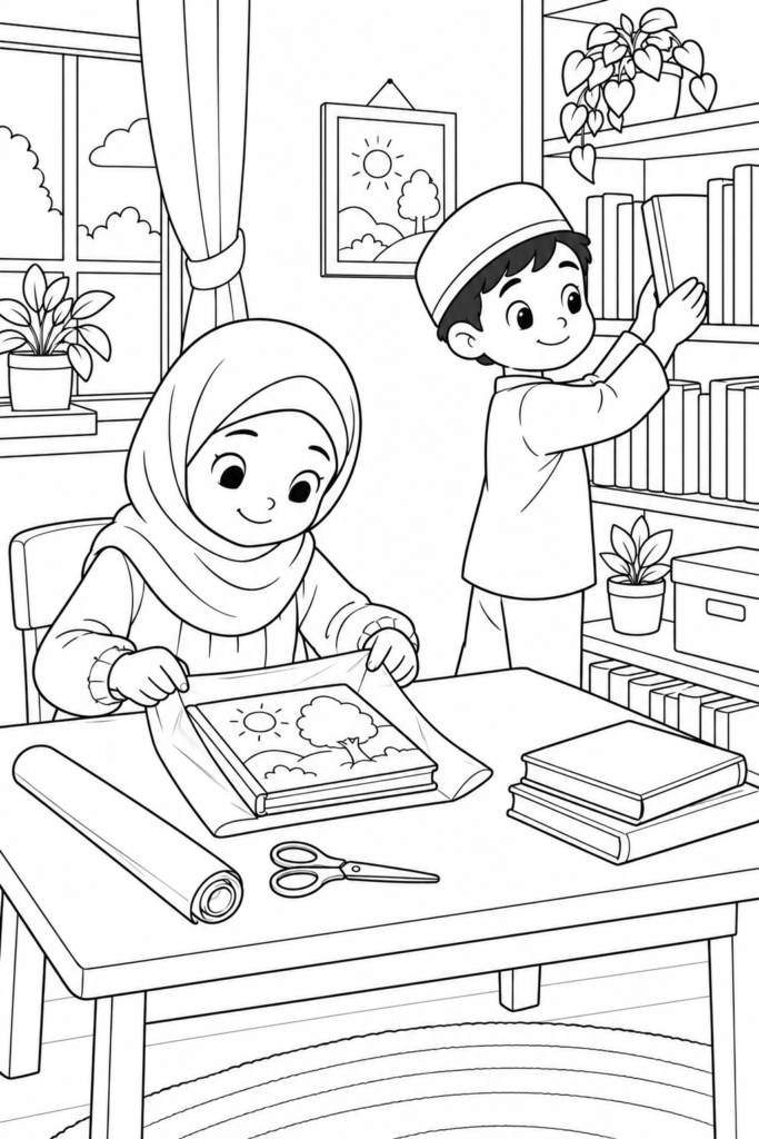 Black-and-white coloring page showing caring for books together, focused on kindness and good manners for kids.