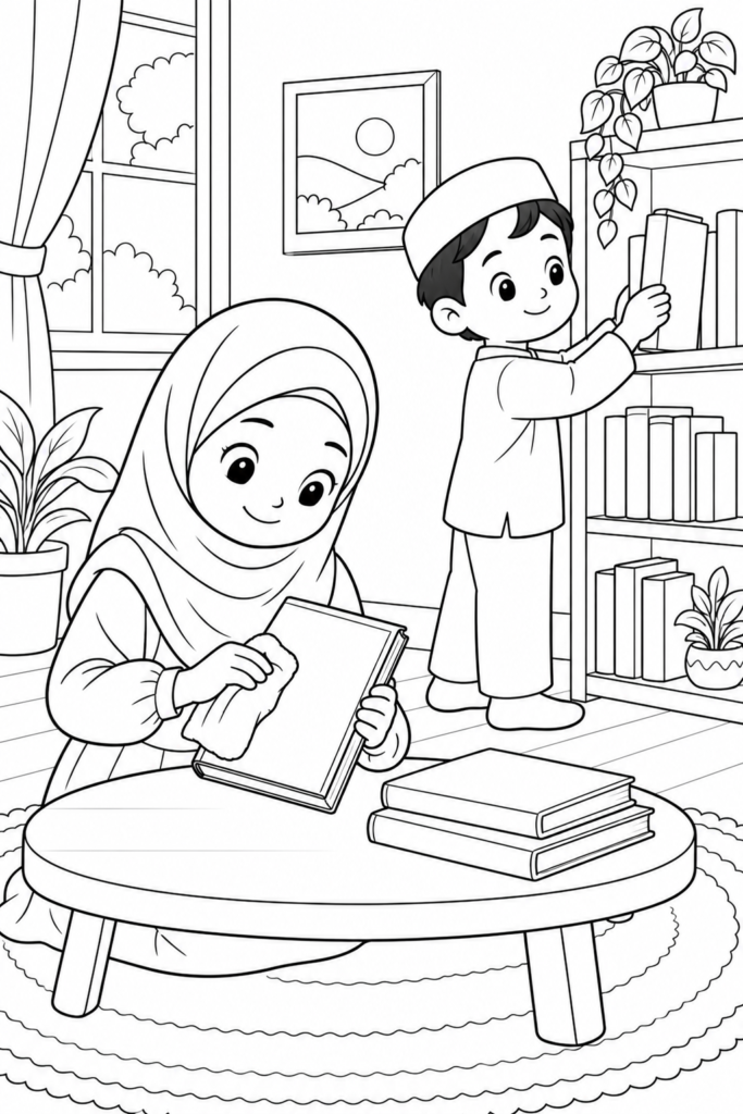 Black-and-white coloring page showing caring for books in the reading room, focused on kindness and good manners for kids.