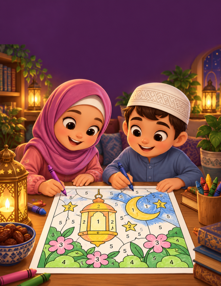 Two Children Coloring a Lantern and Stars, a colorful illustration from the Ramadan Activity Adventures collection for children.
