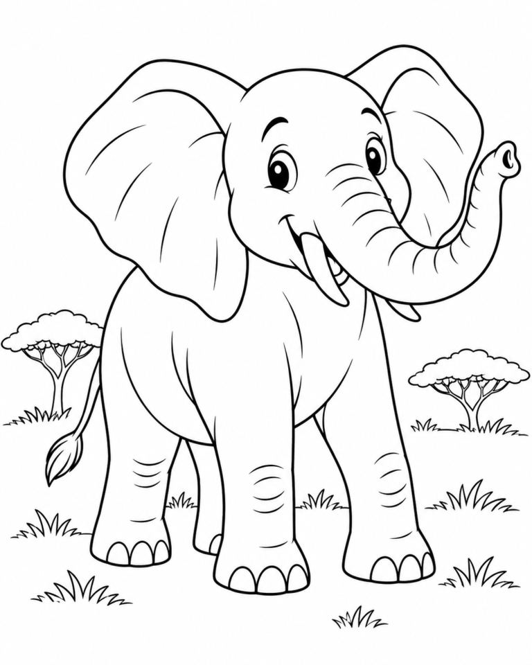 Black-and-white coloring page showing friendly elephant among acacia trees for children.