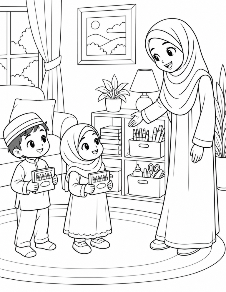 Black-and-white coloring page showing listening to mom as a family, focused on kindness and good manners for kids.