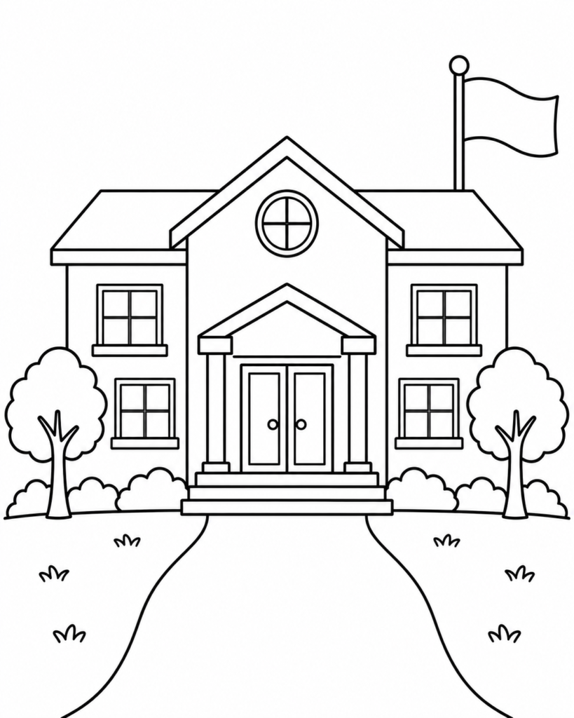Black-and-white coloring page showing madrasa school for children.