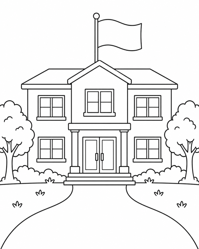 Black-and-white coloring page showing modern school for children.