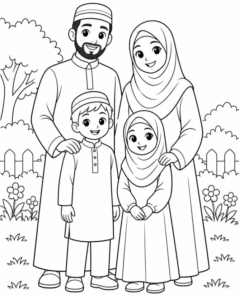 Black-and-white coloring page showing family in the garden for children.