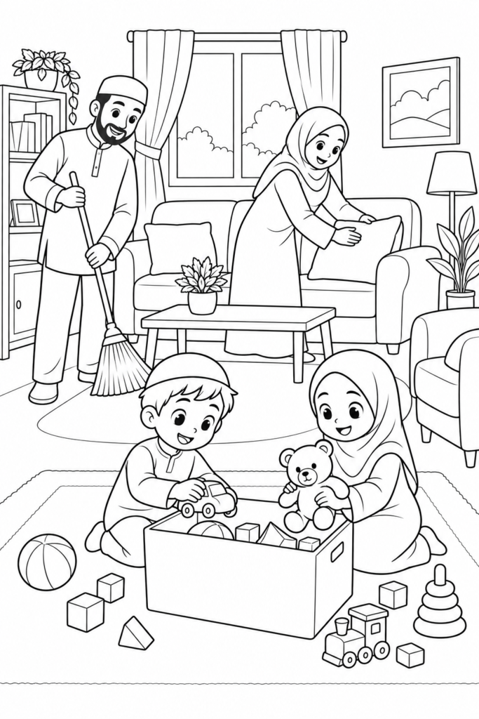 Black-and-white coloring page showing family tidying the living room together, focused on kindness and good manners for kids.