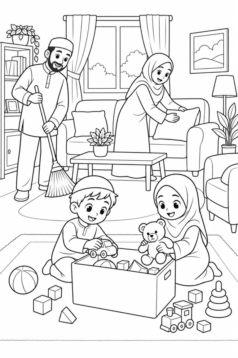 Black-and-white coloring page showing family tidying the living room together, focused on kindness and good manners for kids.