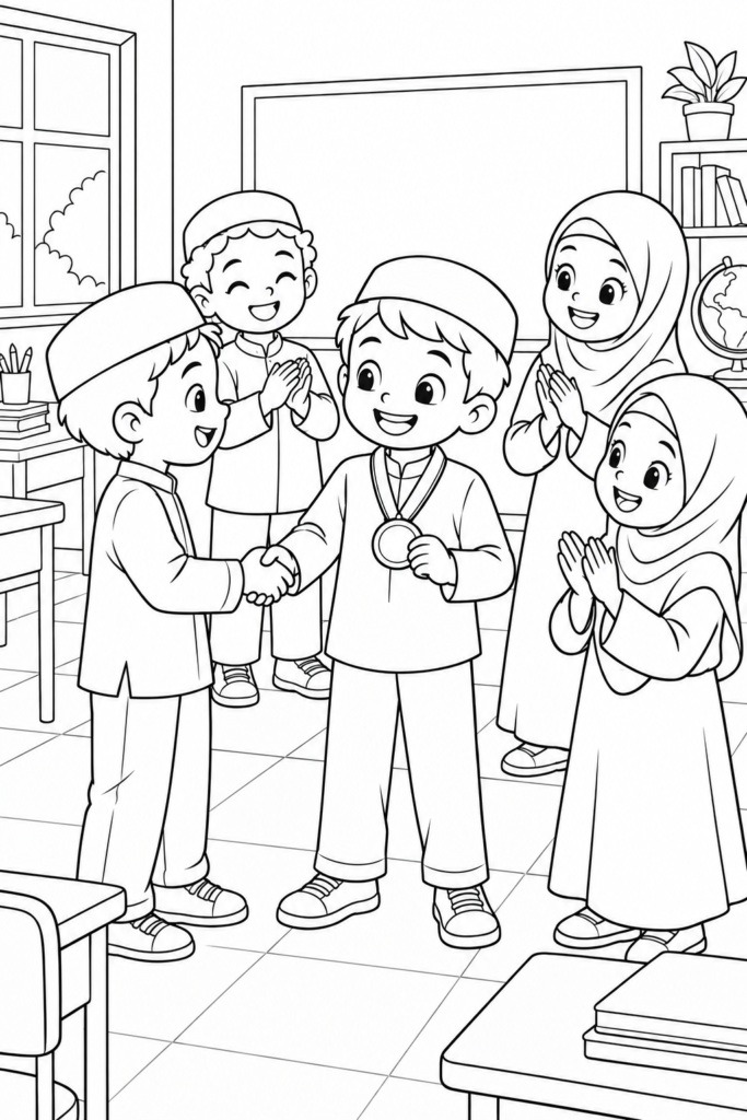Black-and-white coloring page showing celebrating a medal with applause, focused on kindness and good manners for kids.