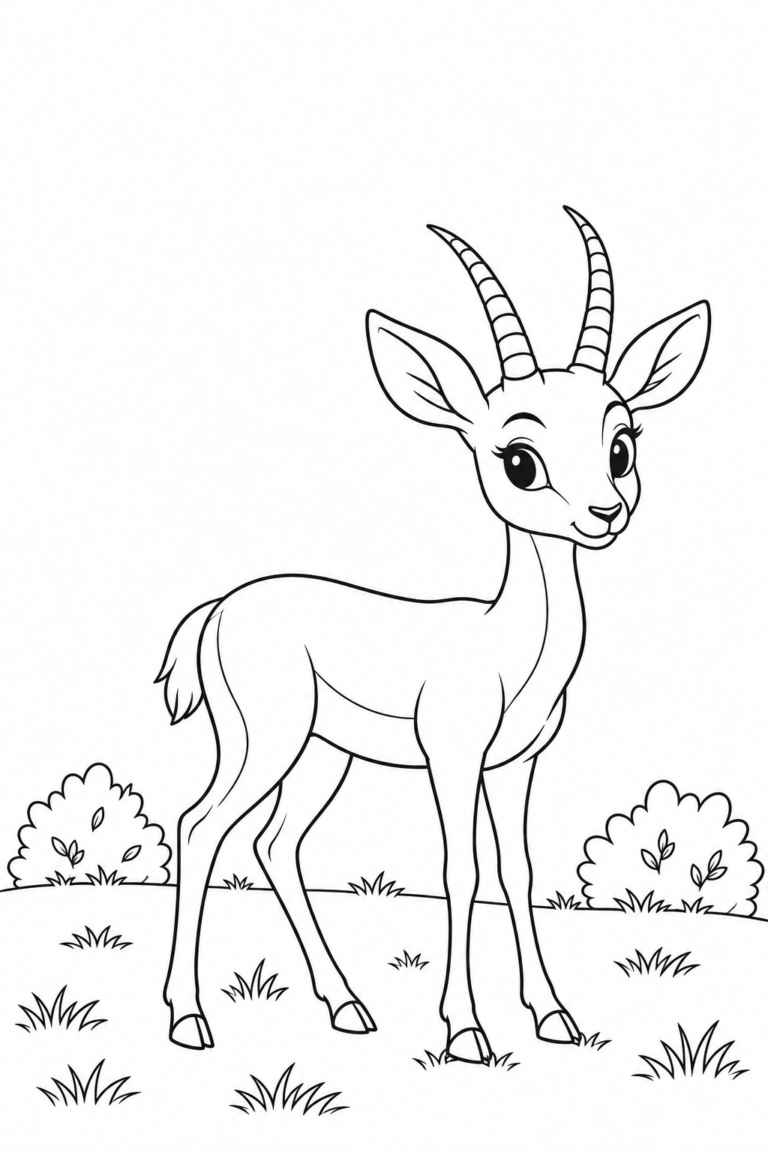 Black-and-white coloring page showing friendly gazelle in the meadow for children.