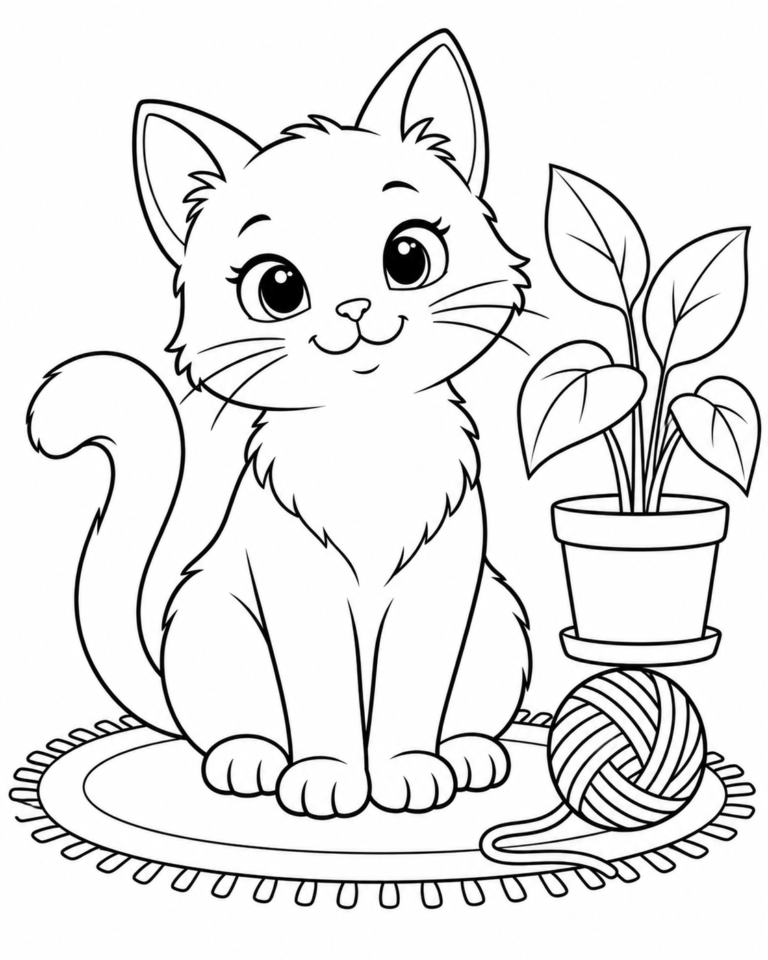 Black-and-white coloring page showing cute cat with yarn and a plant for children.