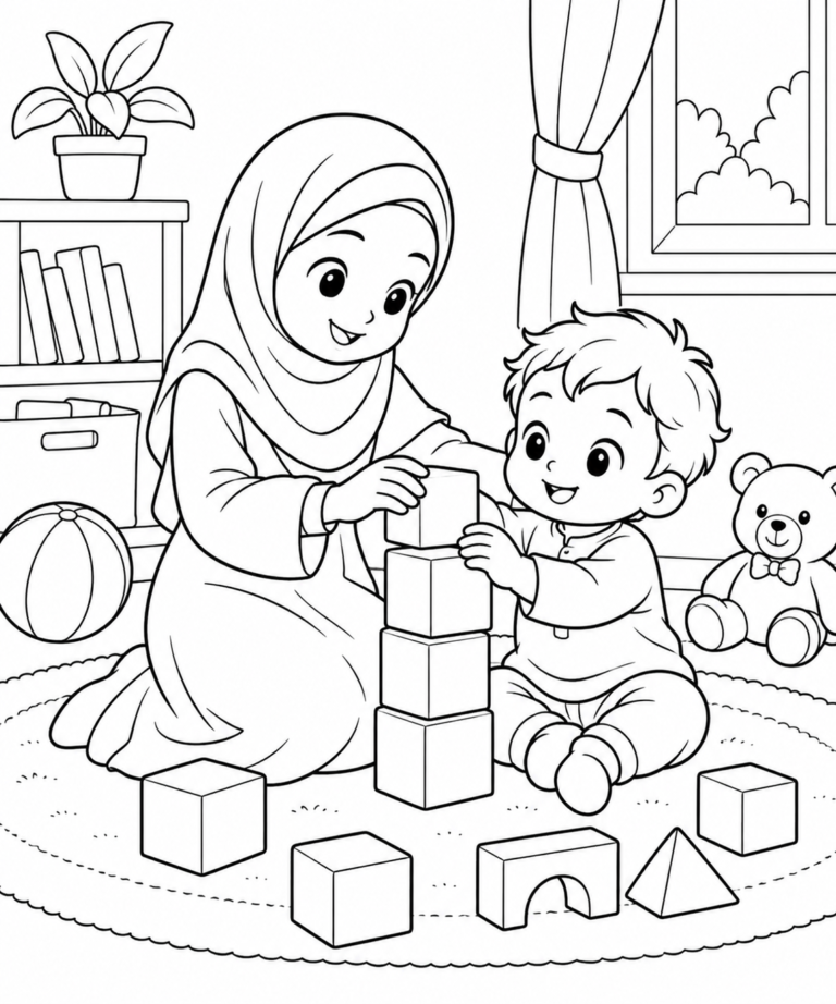 Black-and-white coloring page showing older sister helping with care, focused on kindness and good manners for kids.