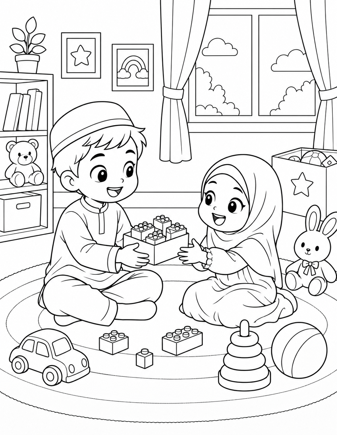 Black-and-white coloring page showing siblings sharing toys, focused on kindness and good manners for kids.