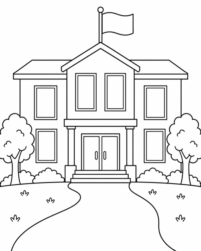 Black-and-white coloring page showing madrasa for children.