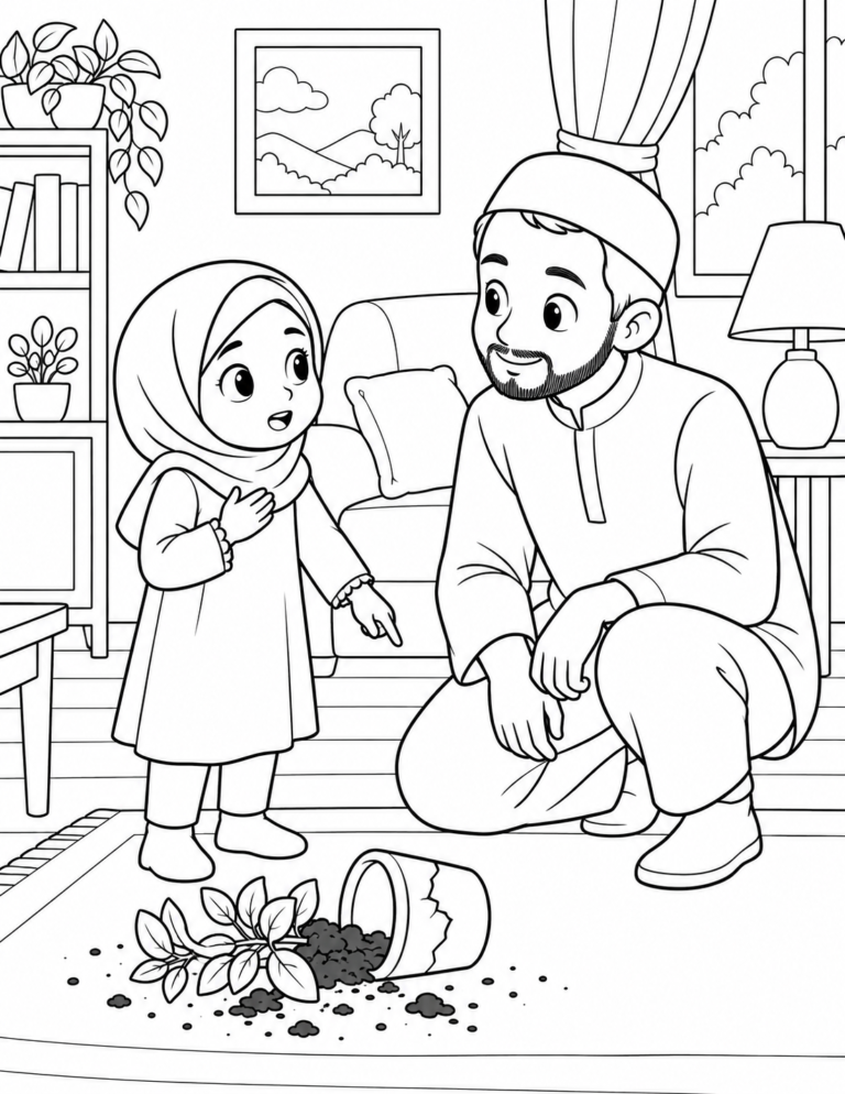 Black-and-white coloring page showing telling the truth about the broken flowerpot, focused on kindness and good manners for kids.