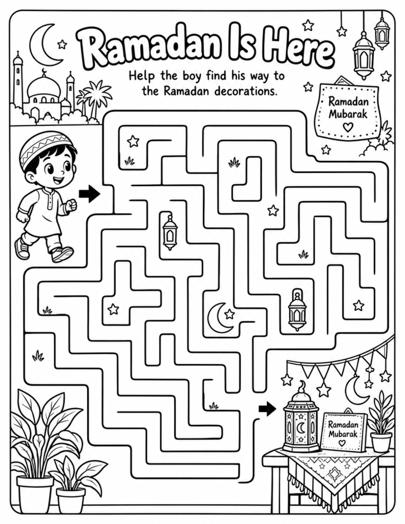 Ramadan Is Here Kids Maze, a printable Ramadan maze worksheet for kids.