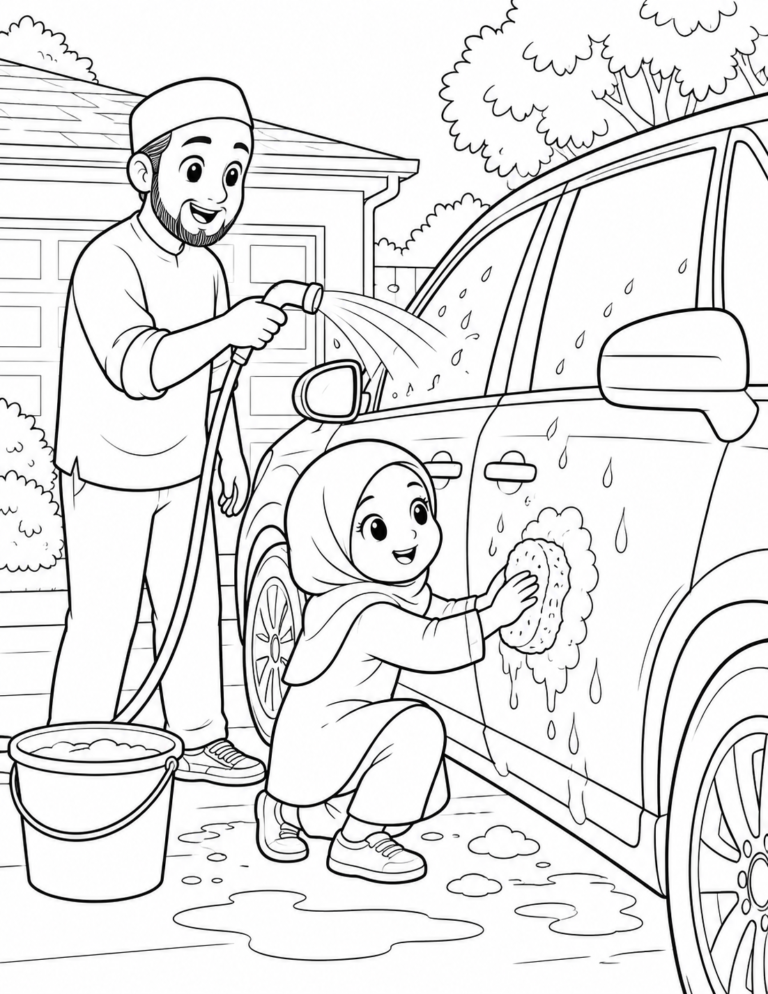 Black-and-white coloring page showing washing the car as a family, focused on kindness and good manners for kids.