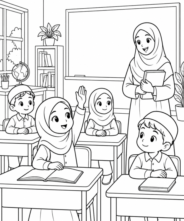 Black-and-white coloring page showing raising a hand in class, focused on kindness and good manners for kids.
