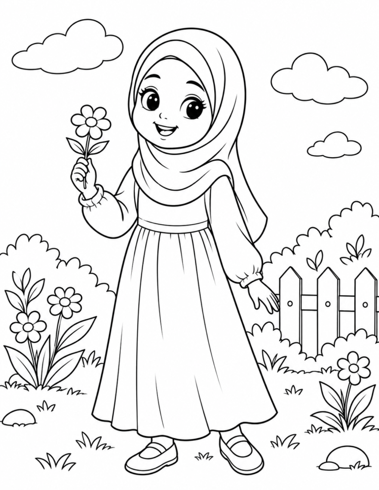 Black-and-white coloring page showing girl holding a flower in the garden for children.