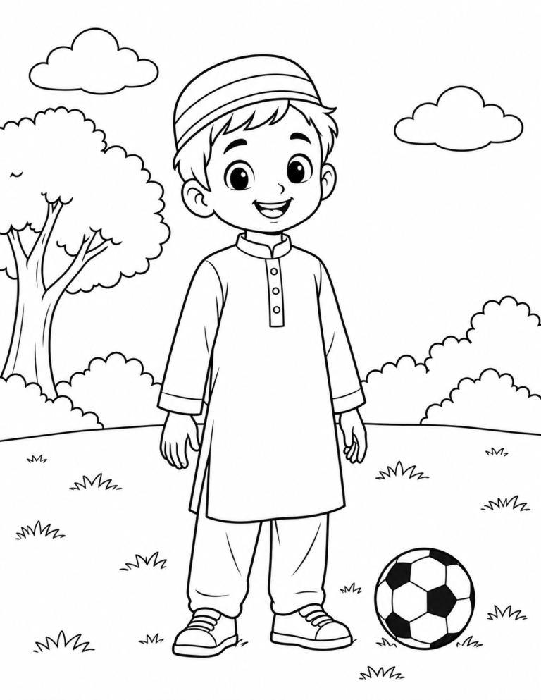 Black-and-white coloring page showing smiling boy with a ball in the park for children.