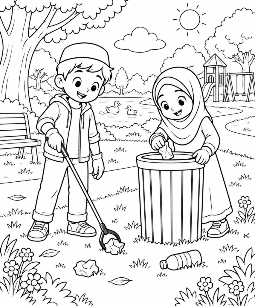 Black-and-white coloring page showing children keeping the park clean, focused on kindness and good manners for kids.