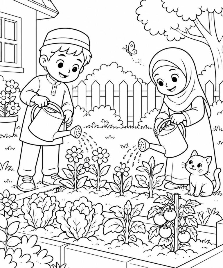 Black-and-white coloring page showing children watering the family garden together, focused on kindness and good manners for kids.