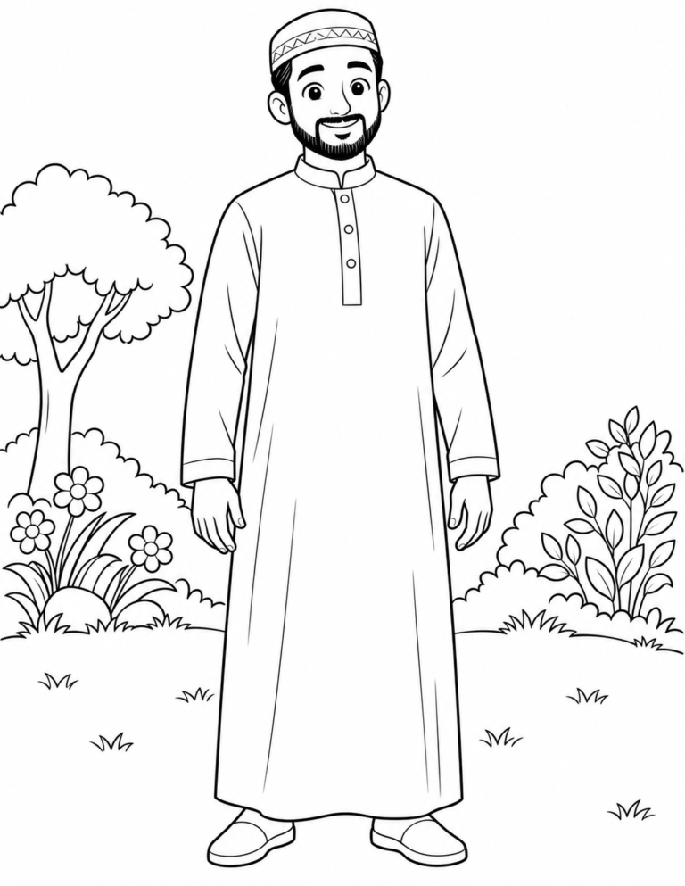 Black-and-white coloring page showing kind father in the garden for children.
