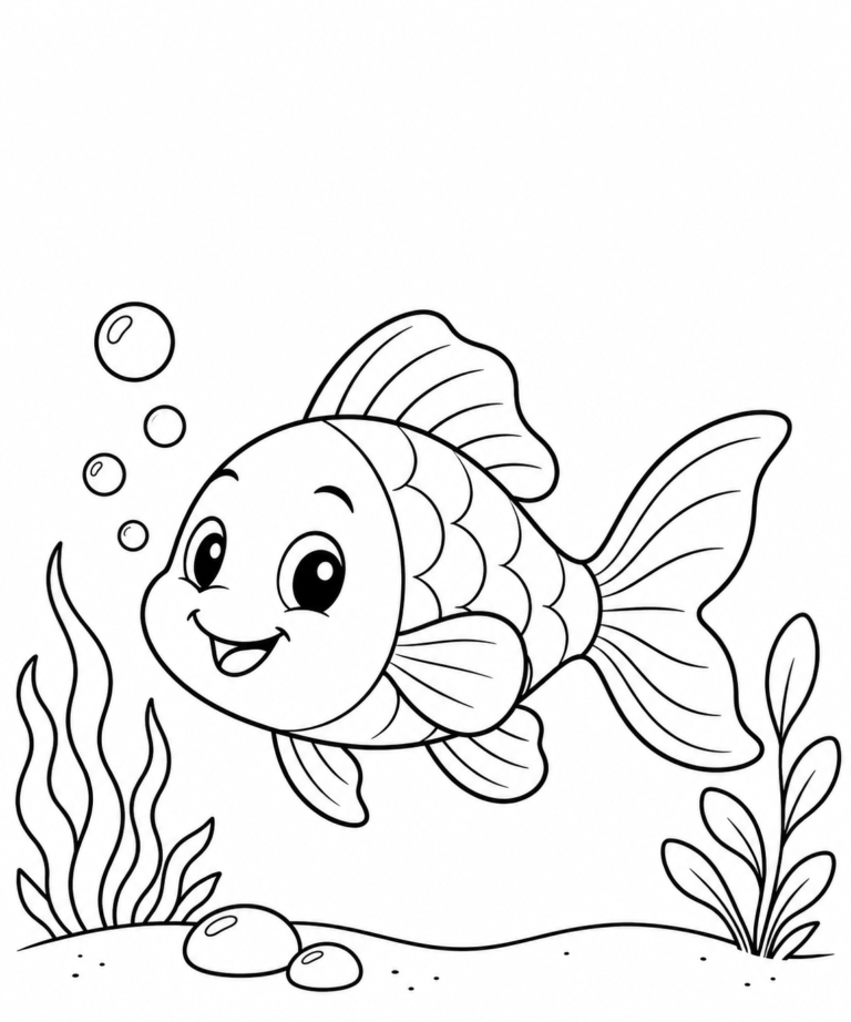 Black-and-white coloring page showing smiling fish with bubbles for children.