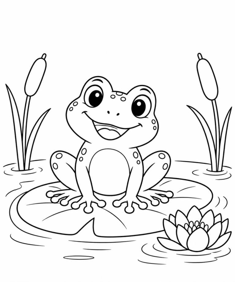 Black-and-white coloring page showing cute frog on a lily pad for children.