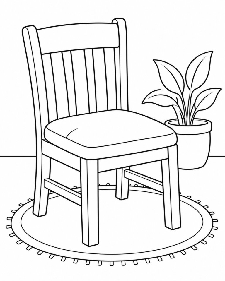 Black-and-white coloring page showing children's chair for children.
