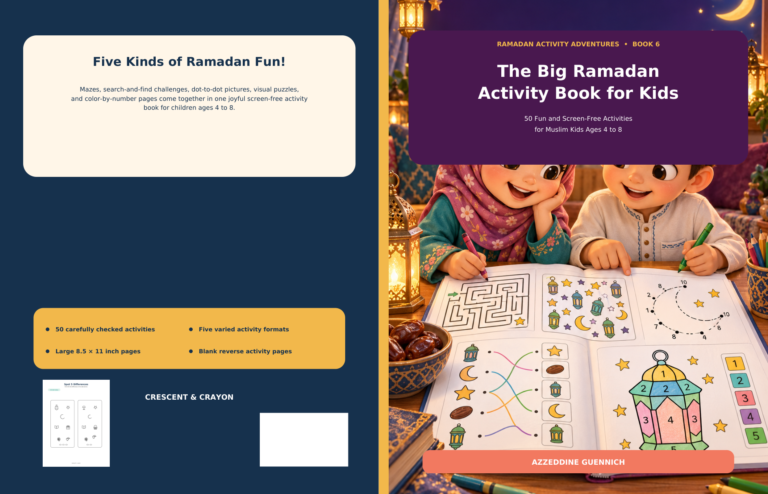 Find 5 Books, a printable Ramadan search-and-find activity sheet for kids.