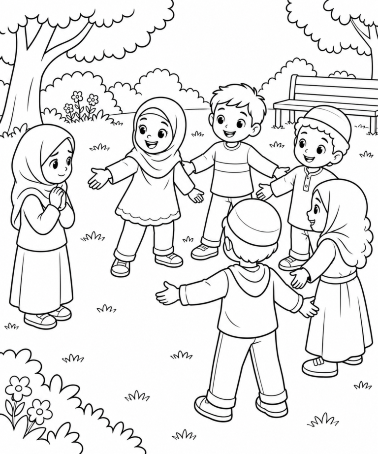 Black-and-white coloring page showing everyone fits in the circle, focused on kindness and good manners for kids.