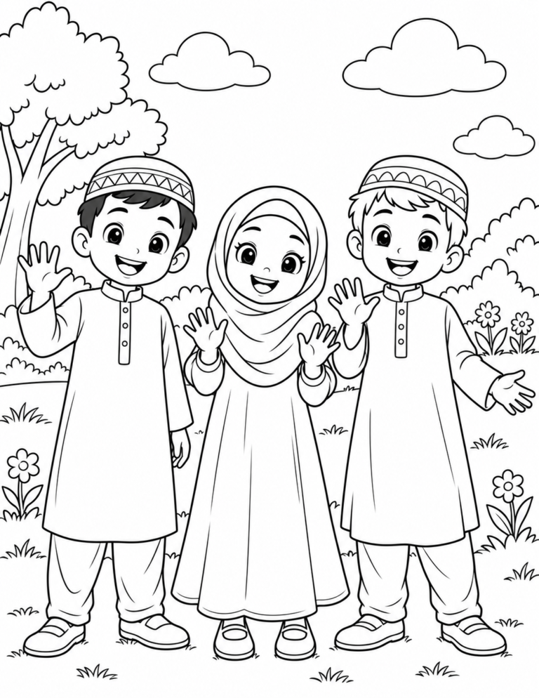 Black-and-white coloring page showing three smiling friends in the park for children.