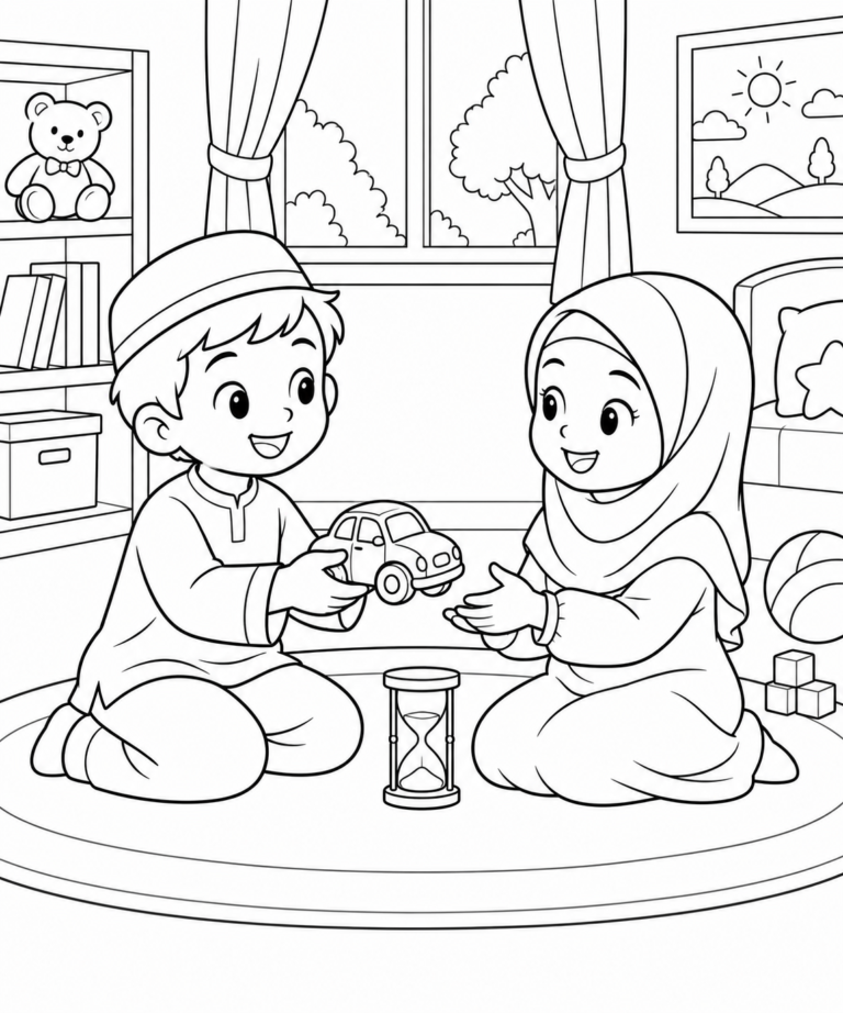 Black-and-white coloring page showing taking turns with a toy, focused on kindness and good manners for kids.